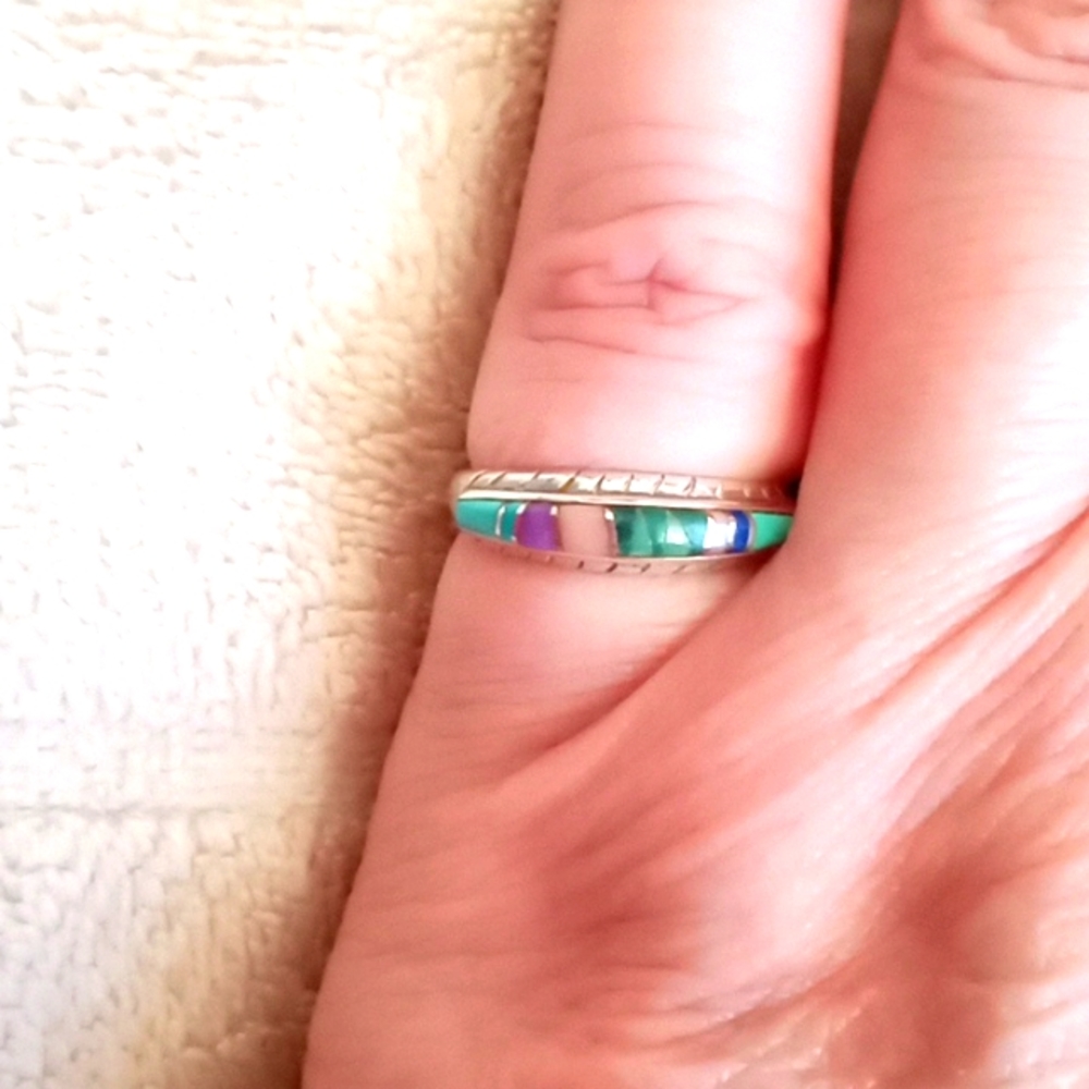 VINTAGE NATIVE AMERICAN MULTI-GEM IN LAY STERLING SILVER RING - Picture 6 of 7